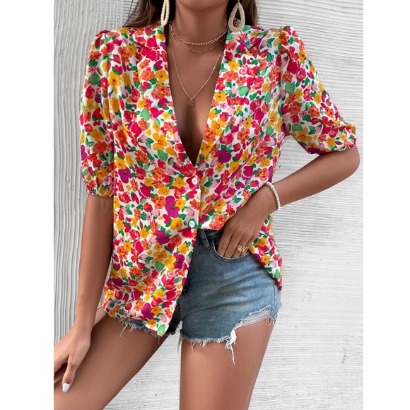 Floral Red Green Pink Button Down Puff Sleeve Shirt Lapel V-Neck - Picture 5 of 7